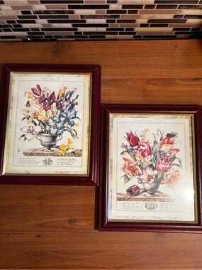 Floral Still Life Wall Art Prints in Burgundy Frame - Set of 2